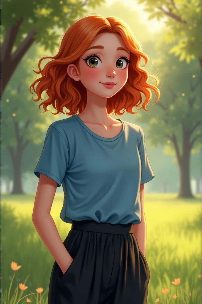 J'aimerais bien recevoir une image d'une fillette rousse en Jupe noire droite qui porte un T shirt de couleur bleu et qui sourit dans un parc.