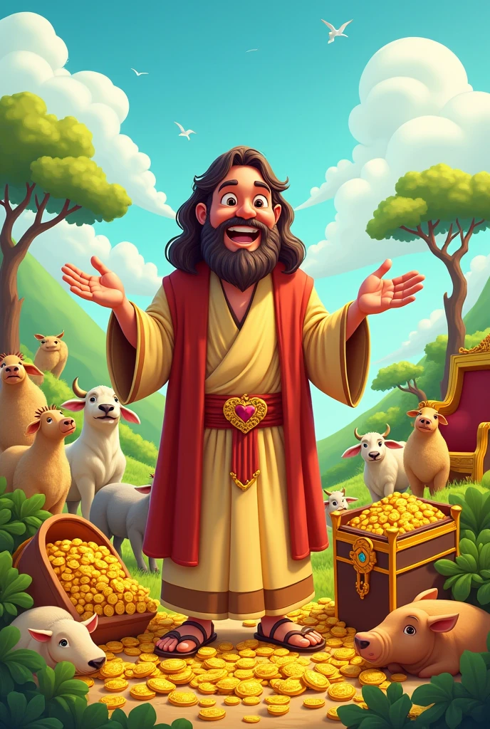Cartoon image of Job from the Bible with his wealth 