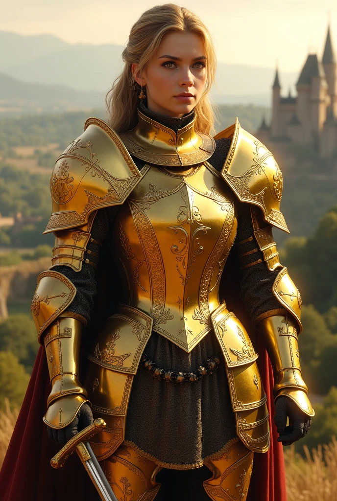 An female knight in gold shining armor without helmet