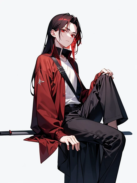 the man is sitting in front of a black background with a sword next to him, weapon, sword, solo, 1boy, red hair, black hair, male focus, red eyes, white background, simple background, holding weapon, sitting, multicolored hair, holding, long sleeves, holding sword