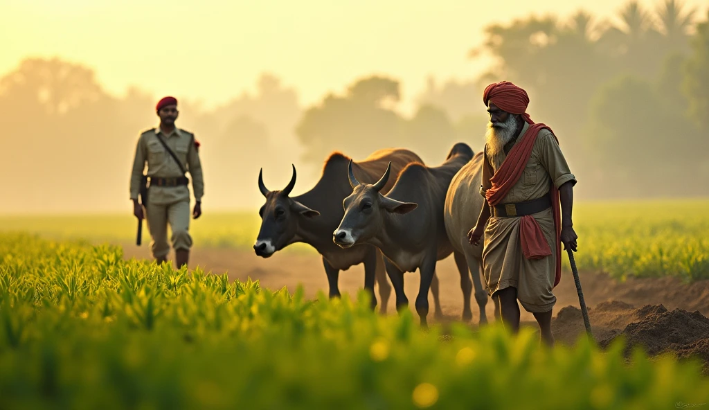A serene Indian village field in the early morning, with lush green crops stretching as far as the eye can see. In the foreground, a farmer is plowing the field with the help of two sturdy oxen, their muscles straining as they pull the wooden plow through the rich soil. The farmer, dressed in a simple dhoti and turban, works diligently, his weathered face showing years of dedication to the land. In the background, a soldier from the Indian Army has arrived, dressed in full uniform, watching the farmer with respect and a slight smile. The soldier’s presence contrasts with the calm village life, symbolizing the unity between the guardians of the nation and those who cultivate its soil. The scene is bathed in soft morning light, creating a peaceful and patriotic atmosphere.