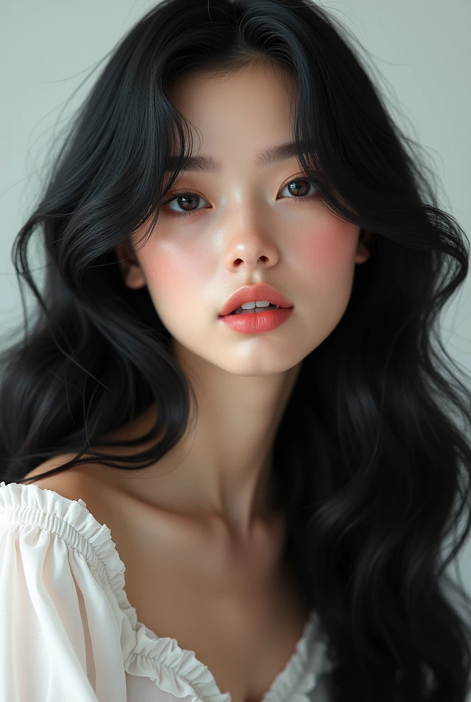 a woman with long black hair wearing a white top, ulzzang, detailed long black hair, whitebangsblackhair, black-hair pretty face, long wavy black hair, russian and american mix, beautiful black hair, kawaii, barbie in white, wavy black hair, wavy long red-haired hair, beautiful full face
