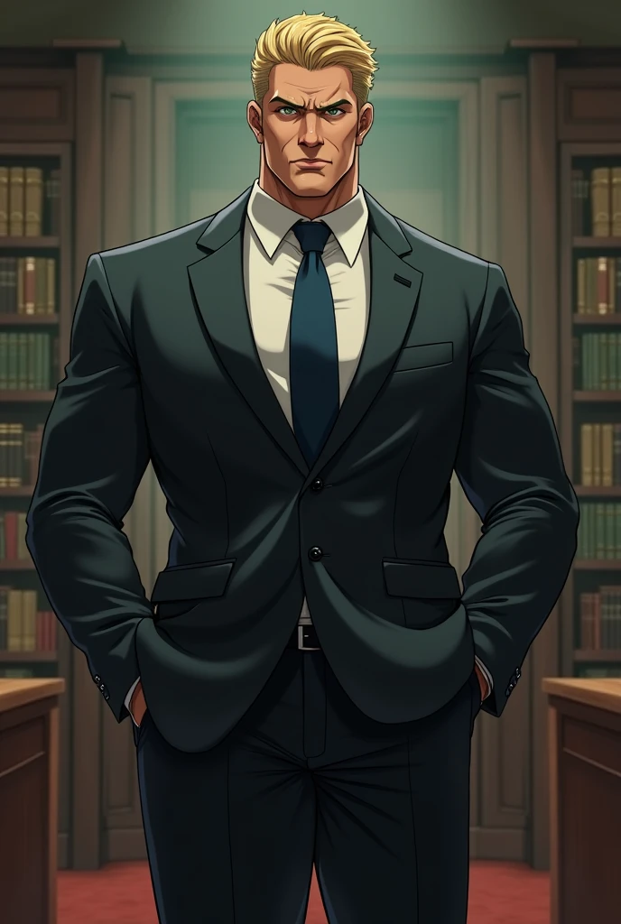 A very tall ,muscular man with green eyes ,dark blonde hair wearing a suite.
