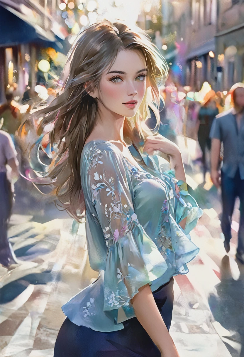 Painting, water color, paint strokes, muted colors, best quality, photorealistic, 1girl, woman,(skindentation), medium breast, (bright), (professional lighting, bokeh), (street), people, crowds, braided bangs, (blouse:1.5), (portait:0.8), gorgeous, bloom, floating hair, (dynamic pose:0.6) , soft lighting,