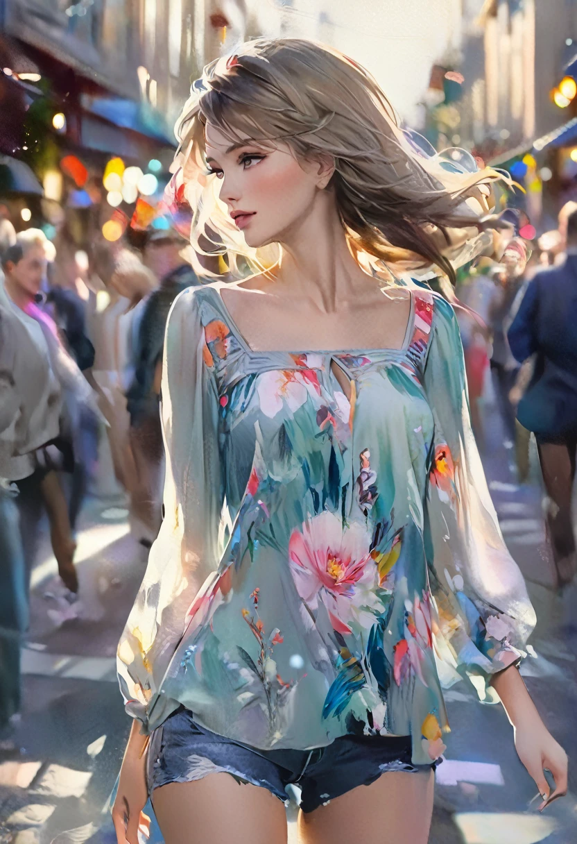 Painting, water color, paint strokes, muted colors, best quality, photorealistic, 1girl, woman,(skindentation), medium breast, (bright), (professional lighting, bokeh), (street), people, crowds, braided bangs, (blouse:1.5), (portait:0.8), gorgeous, bloom, floating hair, (dynamic pose:0.6) , soft lighting,