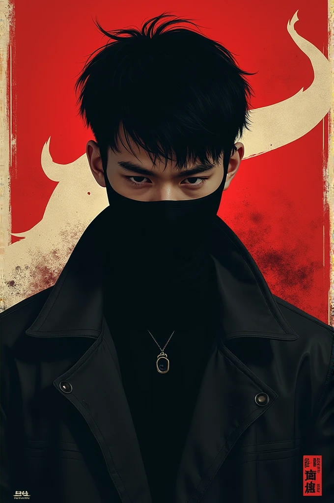 a Chinese boy 18 year old attitude Head down black face mask and Osama written on baground and baground river shape and written color red
