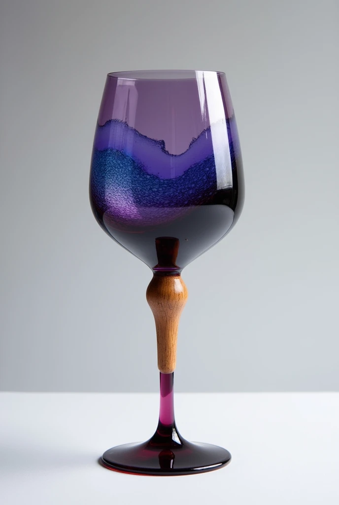Create an image of epoxy fortius wine glass the wine should not be in the glass and glass should be of 2 difeerent colours like purple and blue with epoxy texture and the holding part of the glass and some upper part should contain wood it should be matched with glass