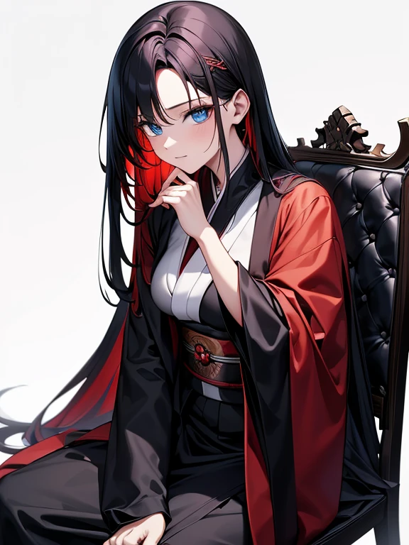 a woman with long red hair sitting on a black chair with two hands on a finger, 1girl, solo, sitting, long hair, looking at viewer, black hair, sash, white background, japanese clothes, obi, blue eyes, multicolored hair