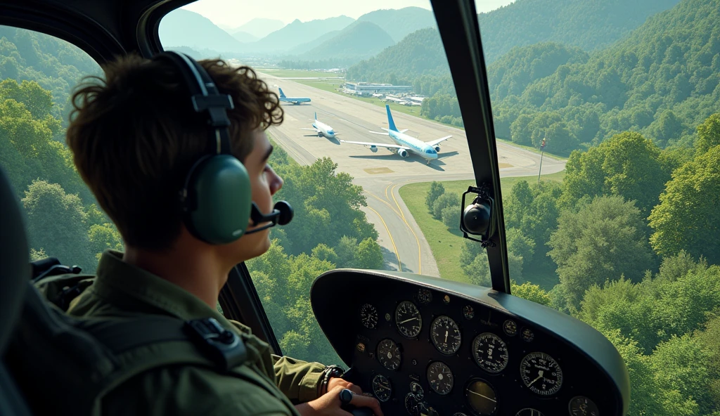 A young man piloting a military helicopter seeing an airport in the middle of the forest with commercial planes parked
