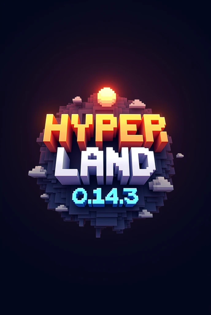 A minecraft themed logo called HYPERLAND, the HYPER in orange and the LAND in white that are together below HYPERLAND a light blue that says 0.14.3 in the air and the text in pixels the sky in black and around purple 