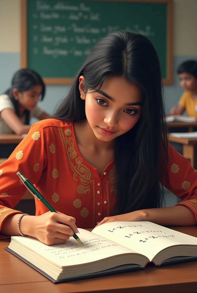 A  indian college girl wearing kurti and solving an problem [Over a field k, is Al cancellative as an affine variety? i.e., fo an affine variety V,] background should be like college type area where she is solving this question in her desk with a pen in a copy

VXA AR+1 VA?
Should be shown widely in her copy along with her