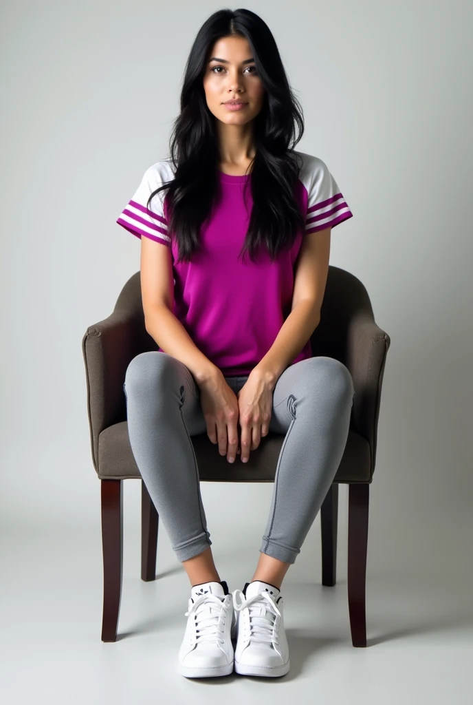 Full length image of black haired woman wearing a fuchsia short sleeved shirt, the white sleeves, The woman sits on a chair wearing grey sports leggings and white tennis shoes