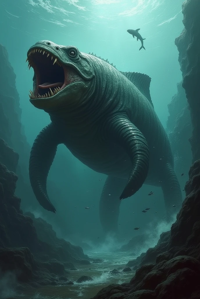 Create an image of Dunkleosteus dinosaur a predator king of the ancient seas