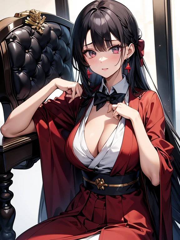 an anime character in a long robe holding onto a chair's back, 1girl, breasts, solo, jewelry, looking at viewer, sitting, earrings, long hair, bowtie, bow, japanese clothes, black hair, black bowtie, bangs, open clothes, black bow, sash, wide sleeves