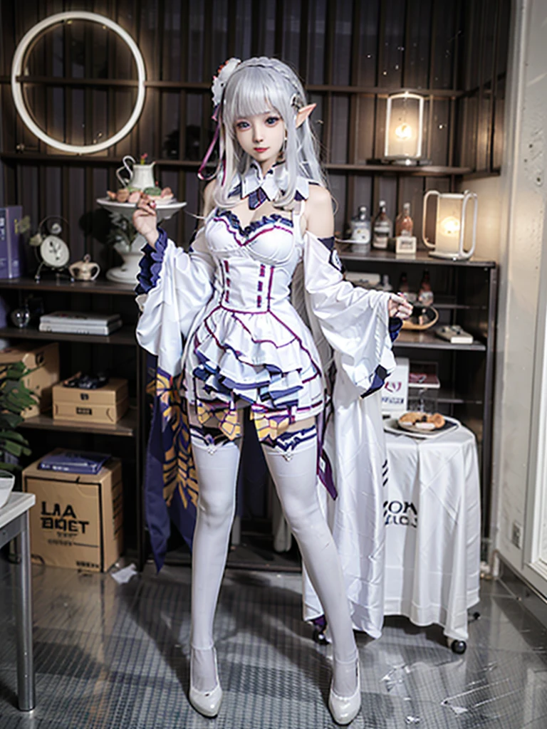 ulzzang-6500-v1.1,(raw photo:1.2),((photorealistic:1.4))best quality ,masterpiece, illustration, an extremely delicate and beautiful, extremely detailed ,CG ,unity ,8k wallpaper, finely detail, best quality,extremely detailed CG unity 8k wallpaper,absurdres, big breats,sexy body,incredibly absurdres, huge filesize, ultra-detailed, highres, extremely detailed,beautiful detailed girl, extremely detailed eyes and face, beautiful detailed eyes,light on face,cinematic lighting,1girl,(full body),(full-body shot),looking at viewer,outdoors, silver_hair, pointy_ears, purple_eyes, hair_ornament, hair_ribbon, lips