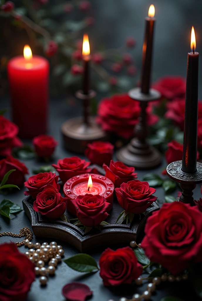 An altar with red roses, black and red candles and some pearl necklaces