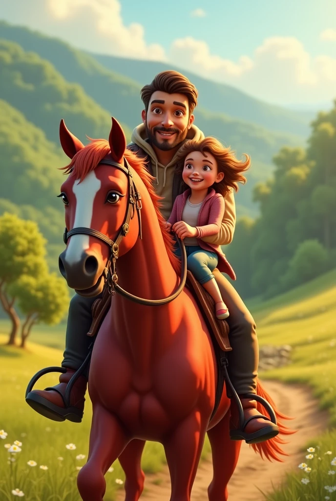 A handsome father and a little daughter riding a red horse 
