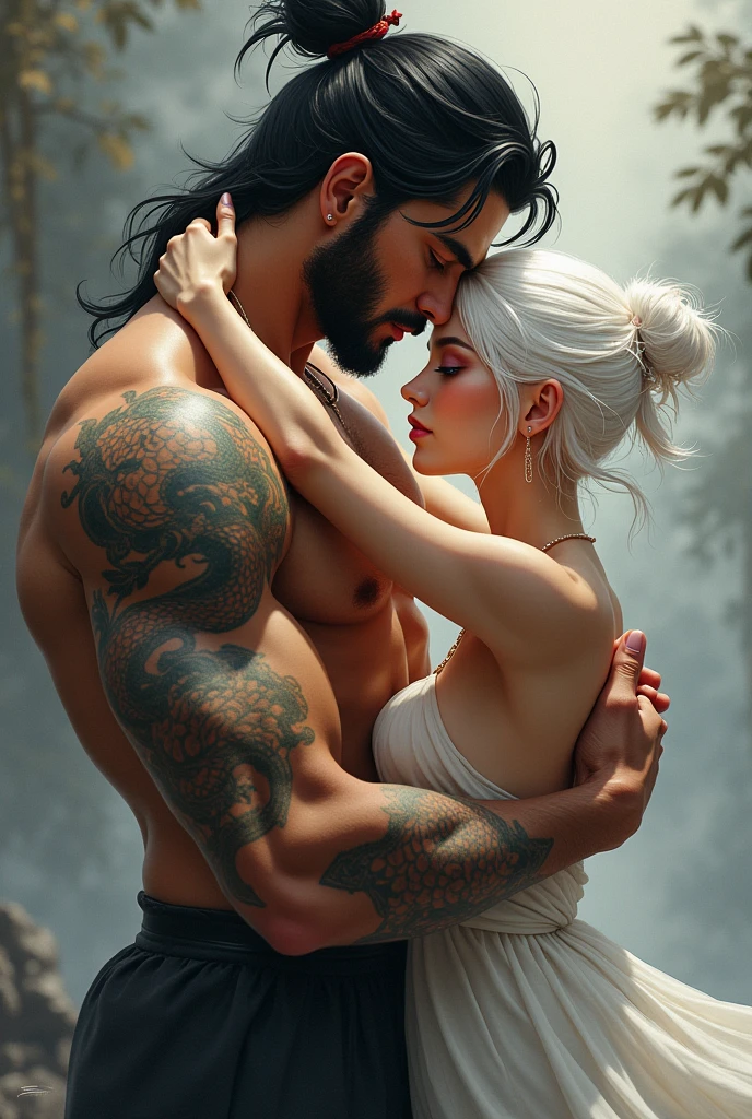 A strong white man with a defined body and black hair, with a dragon tattoo on his arm, he is hugging a thin woman with light brown skin and short WHITE hair with violet eyes and she has Asian features she has white hair