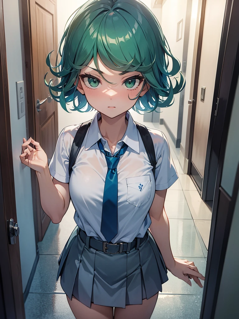 (high res, 8K, masterpiece, looking at viewer, best quality, very aesthetic, ultra detailed, ultra background, ultra Eyes) intricate details, 1girl, Tatsumaki, short sleeved white shirt, Light Blue Gray short skirt, Pockets on the left chest, Blue Gray tie, Wearing a belt, green short hair, green eyes, Normal Face, Background School Hallway, Cinematic Angle