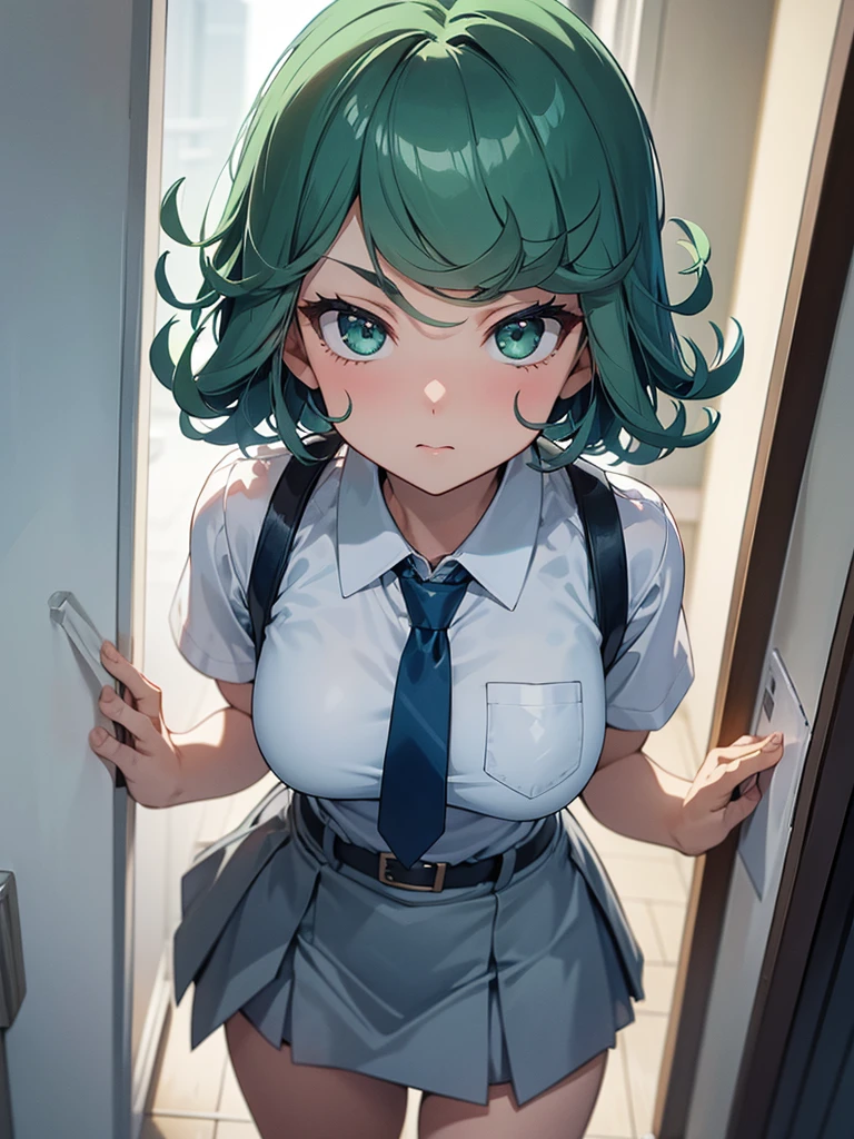 (high res, 8K, masterpiece, looking at viewer, best quality, very aesthetic, ultra detailed, ultra background, ultra Eyes) intricate details, 1girl, Tatsumaki, short sleeved white shirt, Light Blue Gray short skirt, Pockets on the left chest, Blue Gray tie, Wearing a belt, green short hair, green eyes, Normal Face, Background School Hallway, Cinematic Angle