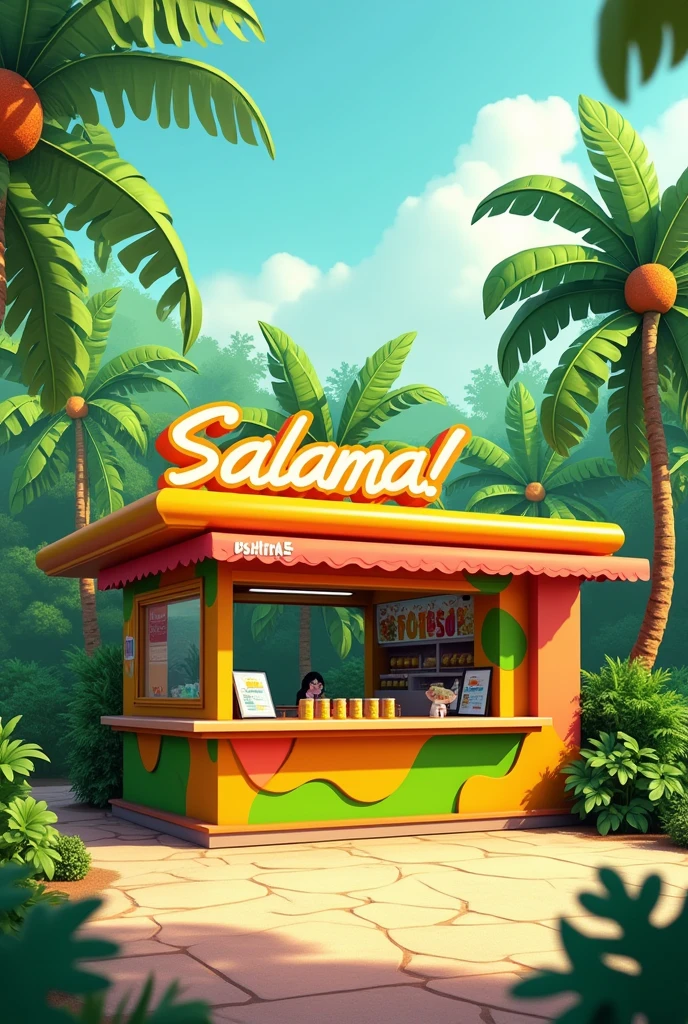 Un dessin d'un petit fast food de fruit très moderne de couleur vert de près à Madagascar,portant le nom: SALAMA !