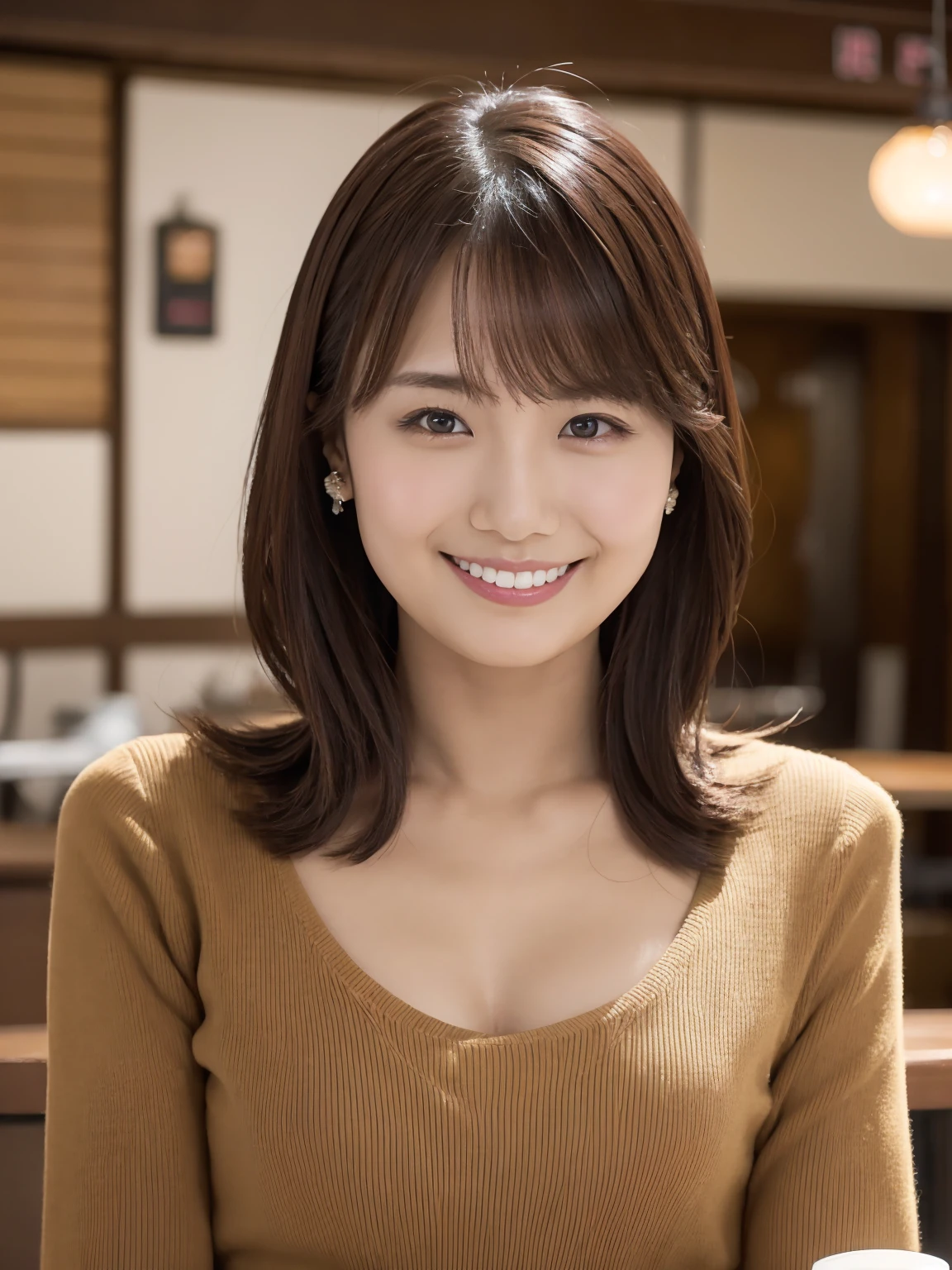 Tabletop, 最high quality, Realistic, In detail, High resolution,Beautiful Japanese Woman,Beautiful attention to detail, Beautiful lip detail, Very detailed顔, Small Head, Small areola, Cinema Lighting, Realistic, 8k, high quality, Very detailed, look at me,smile,(Very short skirt),Long Hair,(coffee shop),(Big Breasts:0.7),whole body, (Breast bulge:0.9),(front図,throw)、whole bodyの姿(Are standing)、front