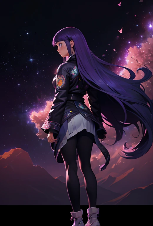 (masterpiece, top quality, best quality, official art, beautiful, cosmic, atmospheric, psychedelic, dreamlike and aesthetic:1.2), (1girl, hinata huyga long roxo hair, empty eyes, Purple eyes natural breasts , full body portrait), extreme detailed,(fractal art, camera view from behind:1.3),colorful,highest detailed, cherry blossoms and butterflies blowing in the wind, oil painting, dark, chiaroscuro, low-key