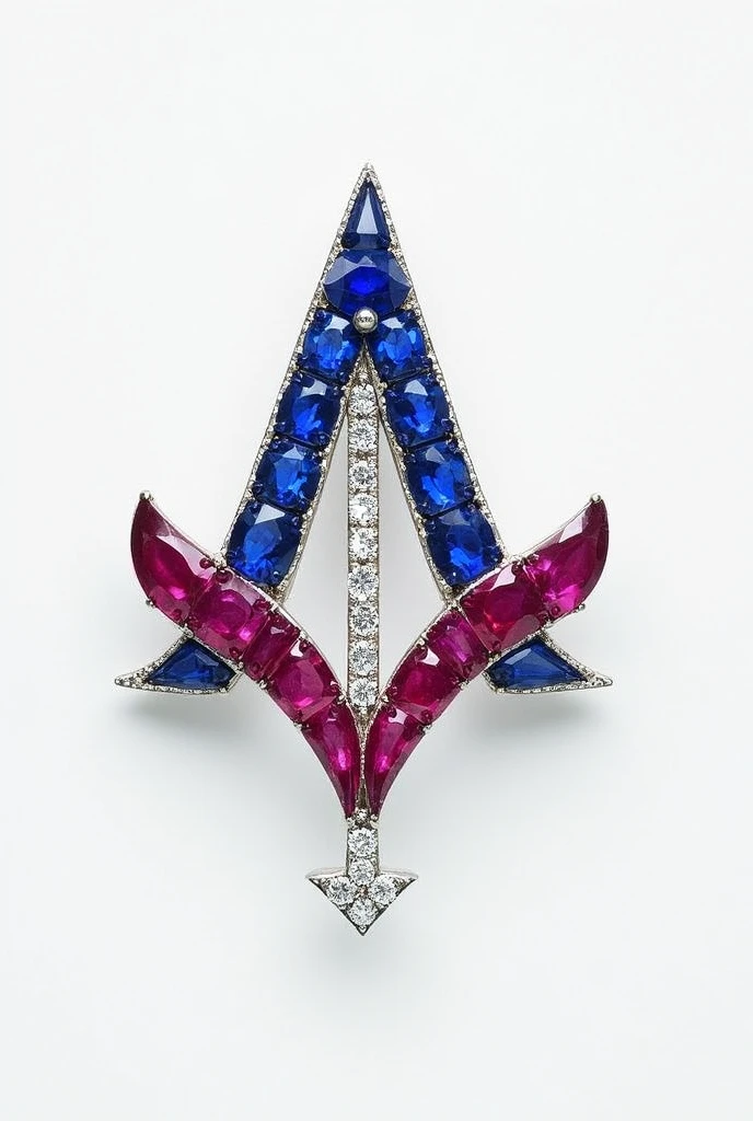A brooch. It should have an A made having blue sapphire and a V using rubies. And a arrow made with diamonds. Make it a little subtle and less obvious. And make it fluid.