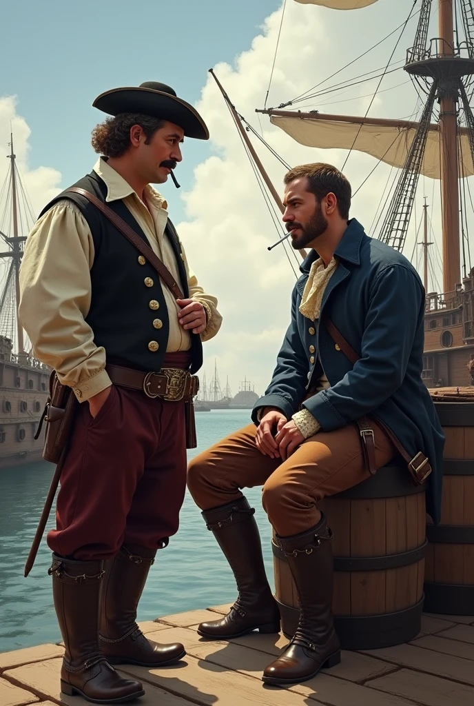 Draw two Russian sailors in the genre of realism, 18th century in the port of Chile. They are standing together near the ship and discussing something.. Give one of them a big mustache and curly short hair.. The second one is clean shaven and has sideburns., sits on a barrel and smokes a cigarette. Draw clothes typical for the 18th century, add knee-high boots to your feet. Hairstyles too.
