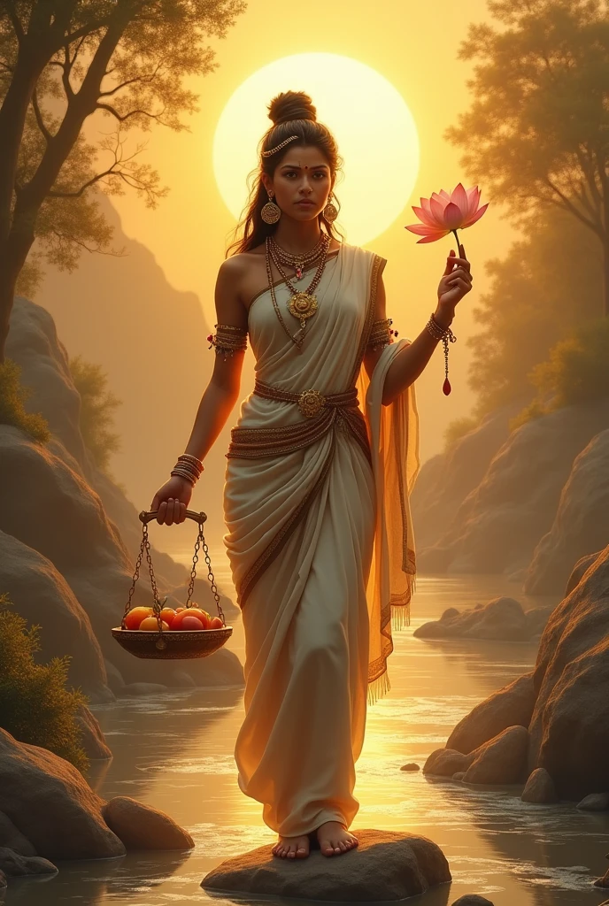 Design an image with a calm female hindu figure holding a balance scale (Dharam) in one hand and a blooming lotus (Karam) in the other. The background should feature a rising sun and a flowing river, symbolizing enlightenment and life's path. Use earthy and golden tones to create a warm, spiritual ambiance.