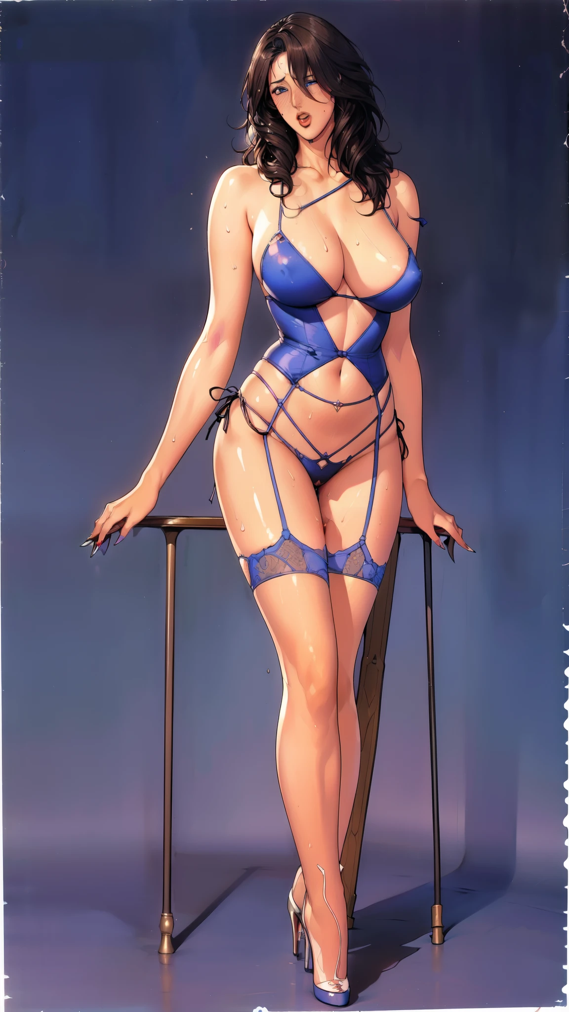 (8ก, 最high quality: 1.2), Very detailed, Complete solution, (Realistic, Realistic photo: 1.5), Portraiture, High resolution RAW color photograph, High resolution and beautiful, High resolution, 8ก Image Wallpaper, Amazing details, Large file size, Very detailed美しい女性, Very detailed face, (Super detailed and super beautiful blue eyes:1.8), Looking at me with an upturned gaze,(orgasm face:1.5) , (embarrassed,blush:1.3), Expressive crimson lips, Thin and small lips, Small nose,The background is not blurred, One Story, 28 year old adult woman, Realistic、 (Movie Scenes,Fantasy art,最high quality,high quality,High resolution,high qualityの質感,Attention to detail,Beautiful details,Fine details,Very detailedCG,Detailed Texture,Realistic representation of face,Full body photography,before,dynamic,bold),1 Girl,Very detailed肌,curve,Long limbs,(Black Ultra Micro High Leg Bikini :1.8),(Rope Bondage:1.4),nsfw, (spread pussy:1.5),((full body:1.8)),((Wearing high heels:1.8)),((Stand facing forward with your feet shoulder-width apart:1.8)),Push your belly forward,Humiliating pose, (The shape of the nipples is clearly visible.:1.4),((Beautiful breasts,Under the chest,Large Breasts:1.7)),Pale skin,Pointed Chest,((Very fine hairs),(Very soft hair),(((Impossibly long, wavy hair with volume that hides the back.))),Long, slicked bangs,Very light coppery amber hair,(Hair on one eye:1.5),(Open your mouth:1.1),Mature Woman,Detailed fingers, Perfect hands, Height 180cm,sweating,Sweat on the face,No sleeve, dripping between her legs,Tied up woman,(Voluptuous body),Soft and thick thighs,Sexy legs, (Beautiful and voluptuous lower body details),(Very big ass 1.9), Deeply indented navel,Cleavage,((Amazing orgasm)),Big sexy ass,((Long and beautiful leg details)),Perfect Body Proportions,(Super slim waist),(Long legs:1.8),Huge :1.1,Looking at the audience,Character-centric,symmetry diagram,From above:1.3,Abdominal shot