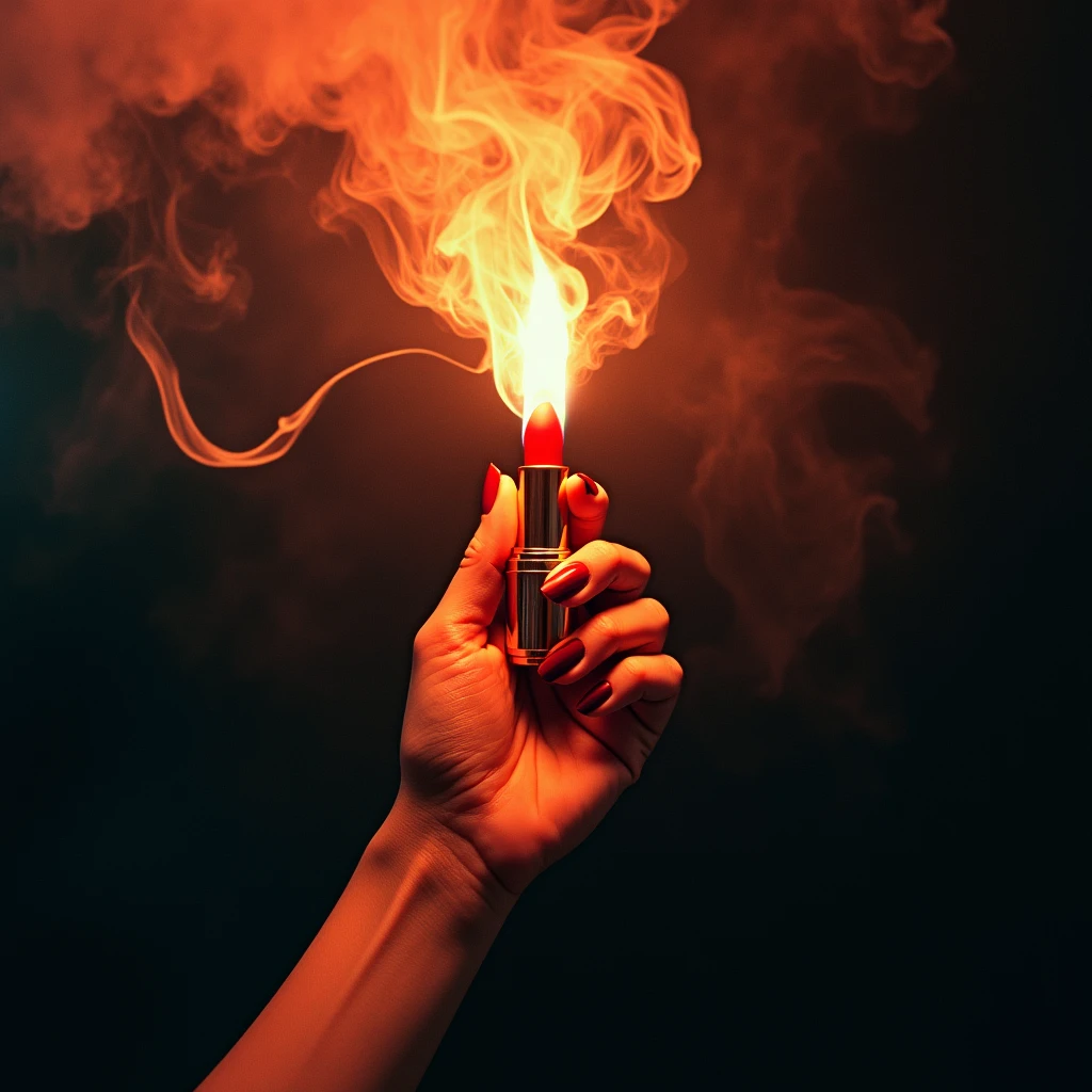 album cover woman's hand holding a lipstick on fire and smoke coming out, in the smoke the name ego and vanity