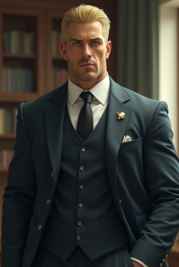 A very tall ,muscular man with green eyes ,very dark blonde hair wearing a suite.