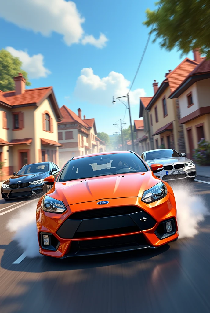 Im Stil von Pixar 3D-Animations-Filmen. An orange Ford Focus RS,  a black BMW E60 Sedan and a silver BMW E46 Compact race through a village. The residents jump aside in panic.
