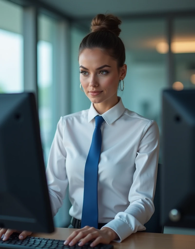 An image of an attractive woman smiling behind a counter, She is a caretaker, private security professional, He wears a white shirt with a blue tie, She has her hair combed back and tied up in a bun, He is looking at a computer screen. security guard specialized in security.