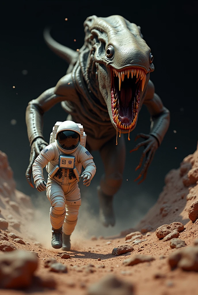 create a pattern with a black background, very realistic of an astronaut on some planet rich in details, running away from an alien the alien has to be big with an open mouth full of teeth, dripping saliva running after the astronaut