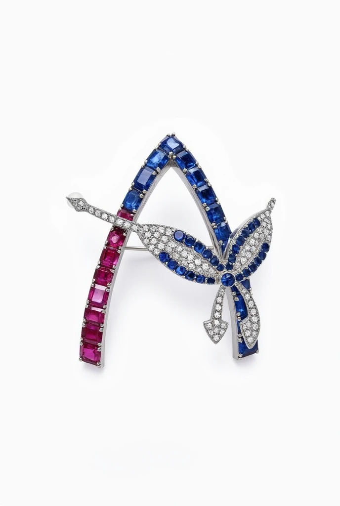 A brooch. It should have an A made having blue sapphire and a V using rubies. And a arrow made with diamonds. Make it a little subtle and less obvious. And make it fluid.