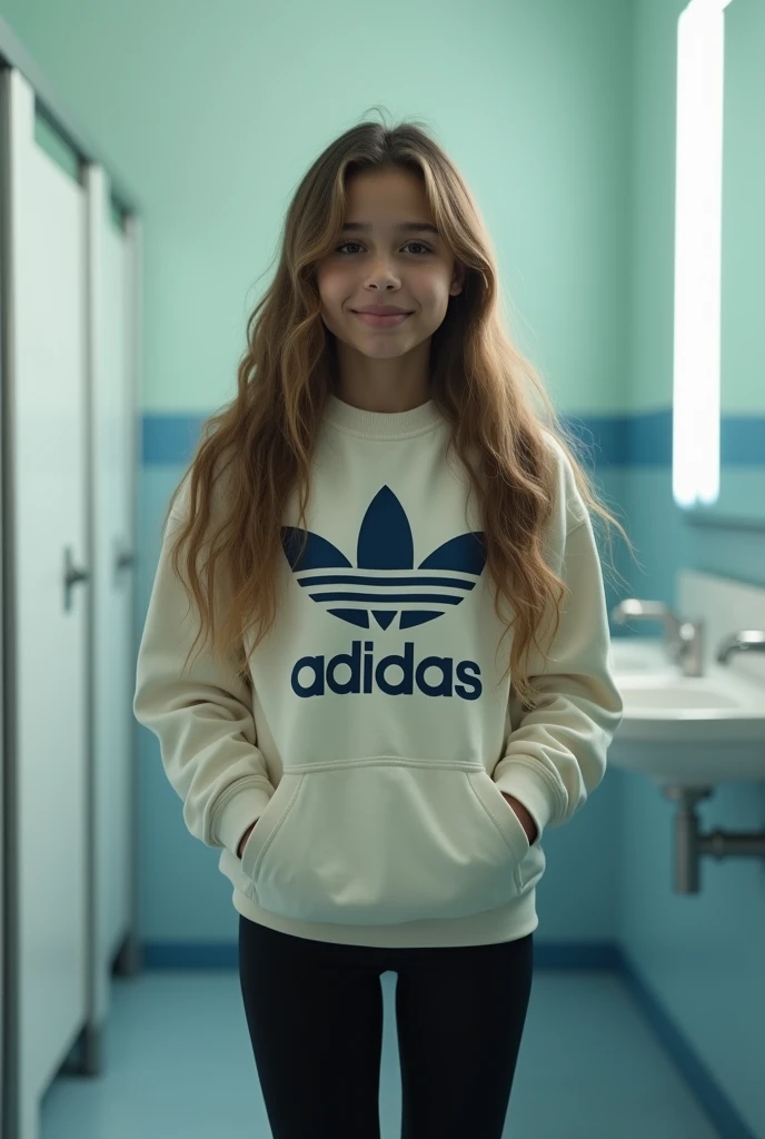 (Photorealistic, Ultra HD, 8K, Highest Quality) A beautiful young Brazilian girl, 18 years old, in a school bathroom, smiling shyly with her hands in the pocket of her Adidas sweatshirt. She has long, light brown hair down to her hips, black eyes, and a beautiful smile. She is wearing black leggings in addition to the sweatshirt. (Photo from the thighs up). The bathroom has a mirror on the right side of the girl, the walls are white to blue, and on the left side of her there are three white closed bathroom stalls.  