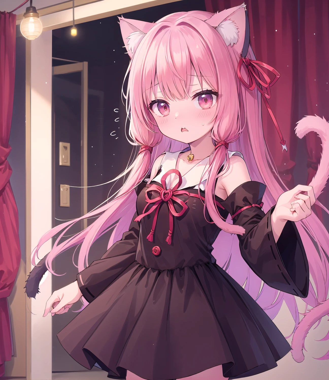 (masterpiece, Highest quality:1.2), One personで, One person, Kotonoha Akane,whole body,Perfect composition,surprised,flying sweatdrops,(((Cat ear:1.5))),flustered,panic,cowboy shot,Cinema Lighting,Hair Ribbon,Black Dress,Wide sleeves,Expose your shoulders,room,（Hair Ribbon:1.2）
