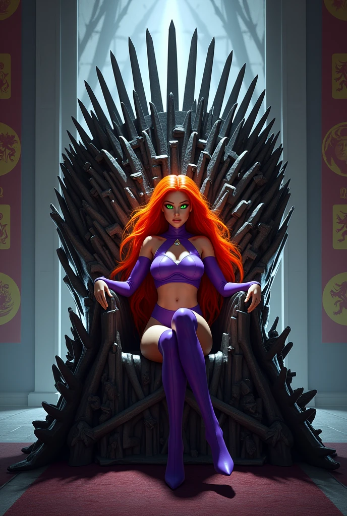 Create an image of Starfire from  Titans sitting on the Iron Throne