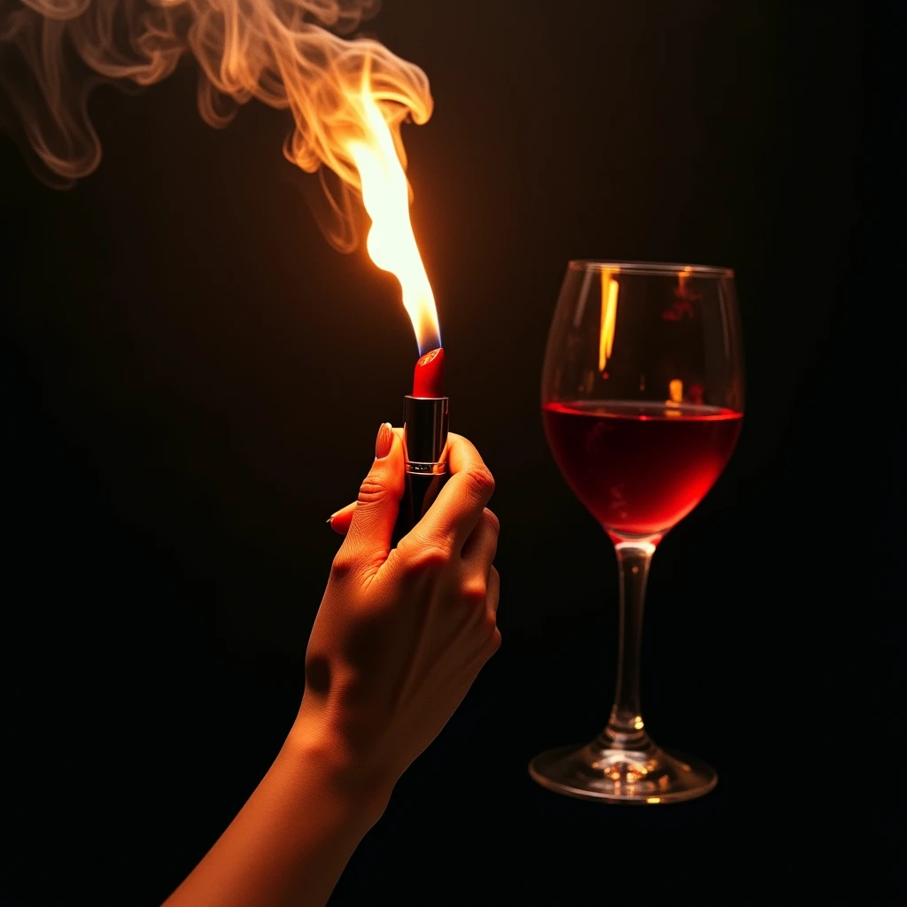 album cover woman's hand holding a lipstick on fire and smoke coming out, glass of wine in the other hand