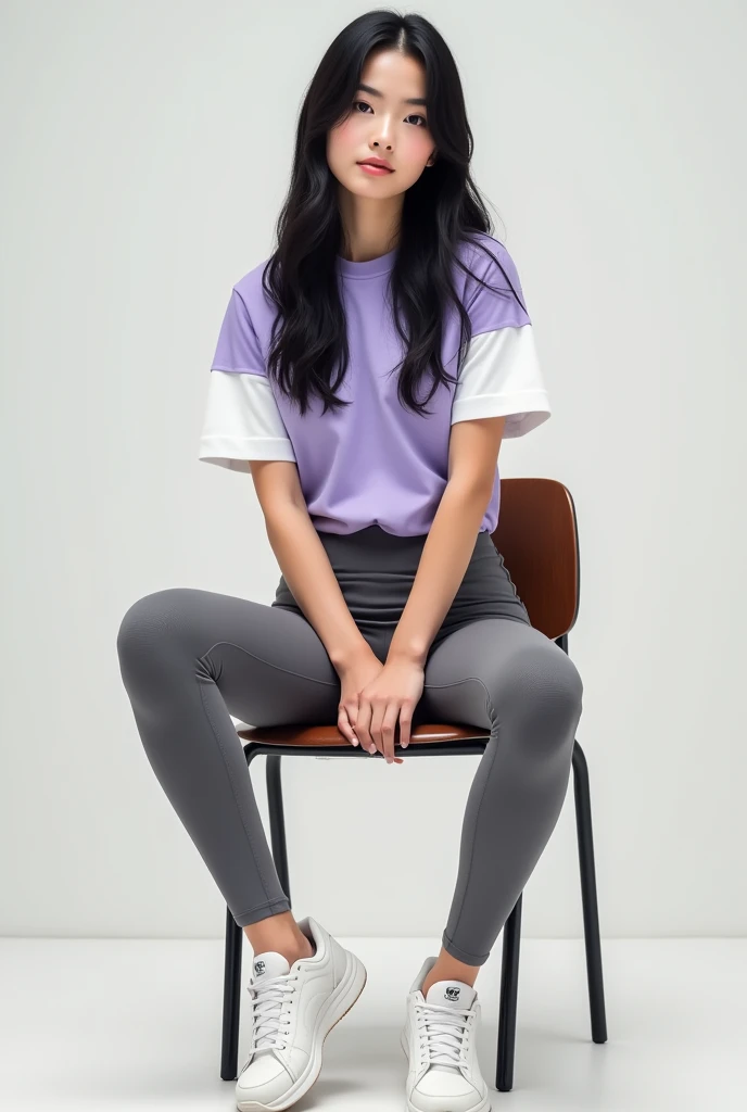 Full length image of black haired woman wearing a lilac short sleeved shirt, the white sleeves, The woman sits on a chair wearing grey sports leggings and white tennis shoes 

