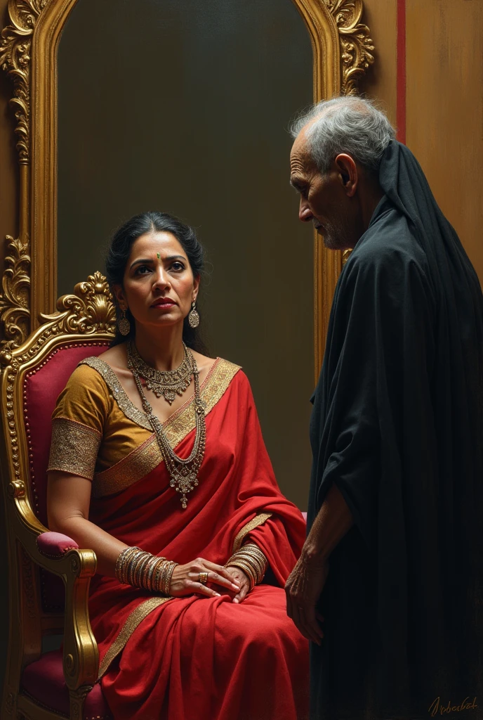 Image of beautiful, mid age, powerful, rich , Ambitious, indian queen , sitting in room in front og mirror , talking to her very old in age And very poor wicked female maid wering black saree, long hair. Not that intimate, maid is Posioning the queen with words. Queen is in anger. No jewellery with maid