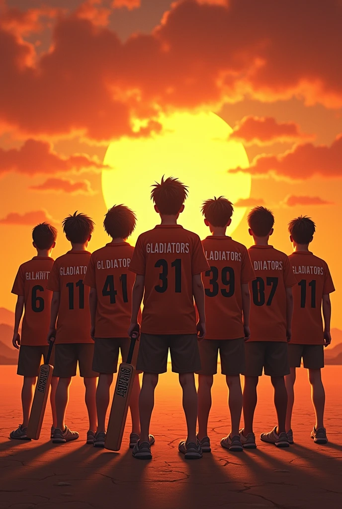 Imagine 17 year old 11 boys standing back view in fire desert and gladiators written on their shirts in big size and 3 of them holding cricket bad in their hands also give each of them a random number in their shirts