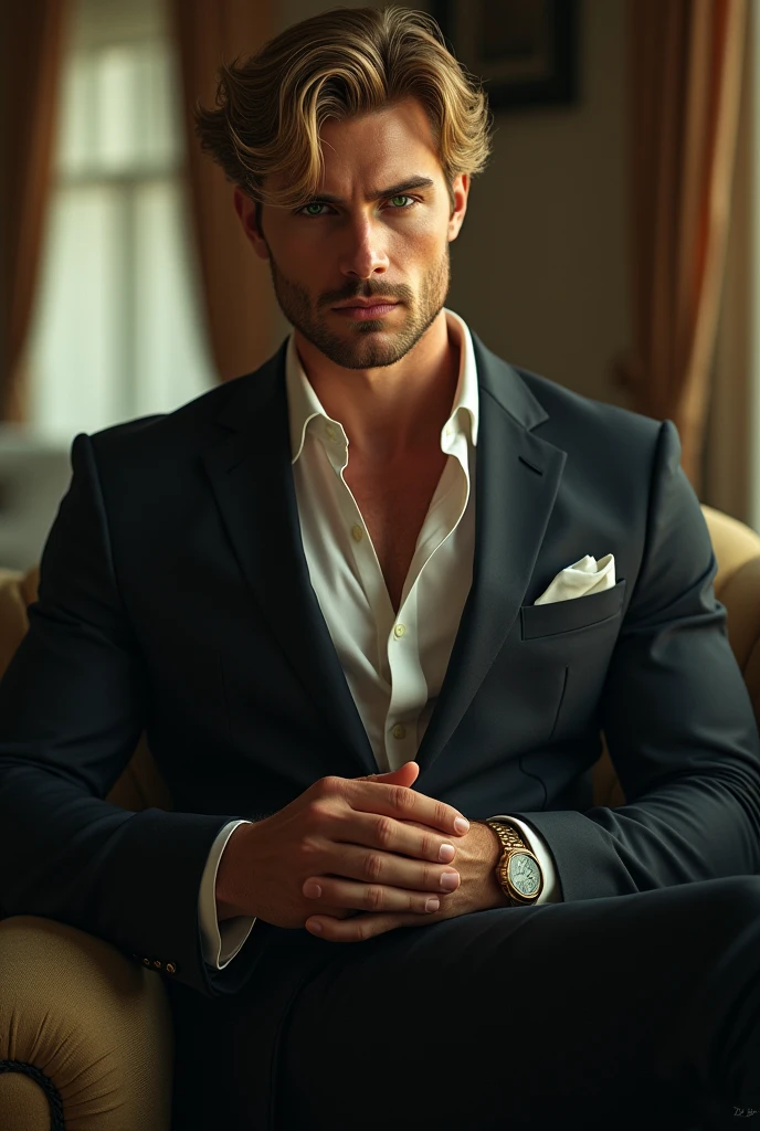 A very tall ,muscular man with green eyes ,very dark blonde hair wearing a suite who is your lover.