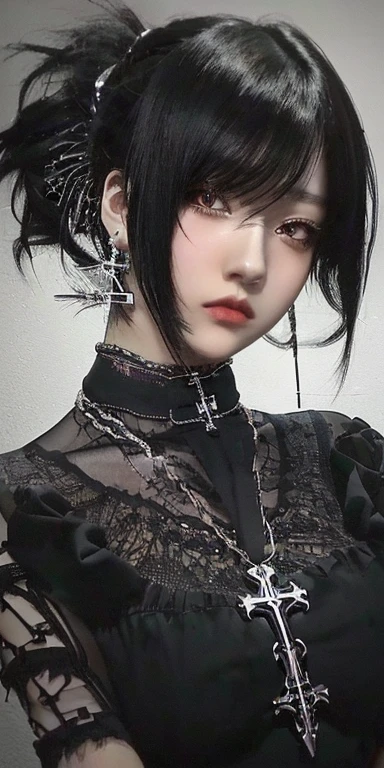 anime girl with black hair, cross necklace and earrings, 1 7 -  - old me gothic girl, animated style 4 k, animated styled, detailed portrait of anime girl, guweiz style artwork, gothic girl, animated style. 8k, animated style, neogothic, jet black haired cyberpunk girl, cyberpunk anime girl, anime vibes