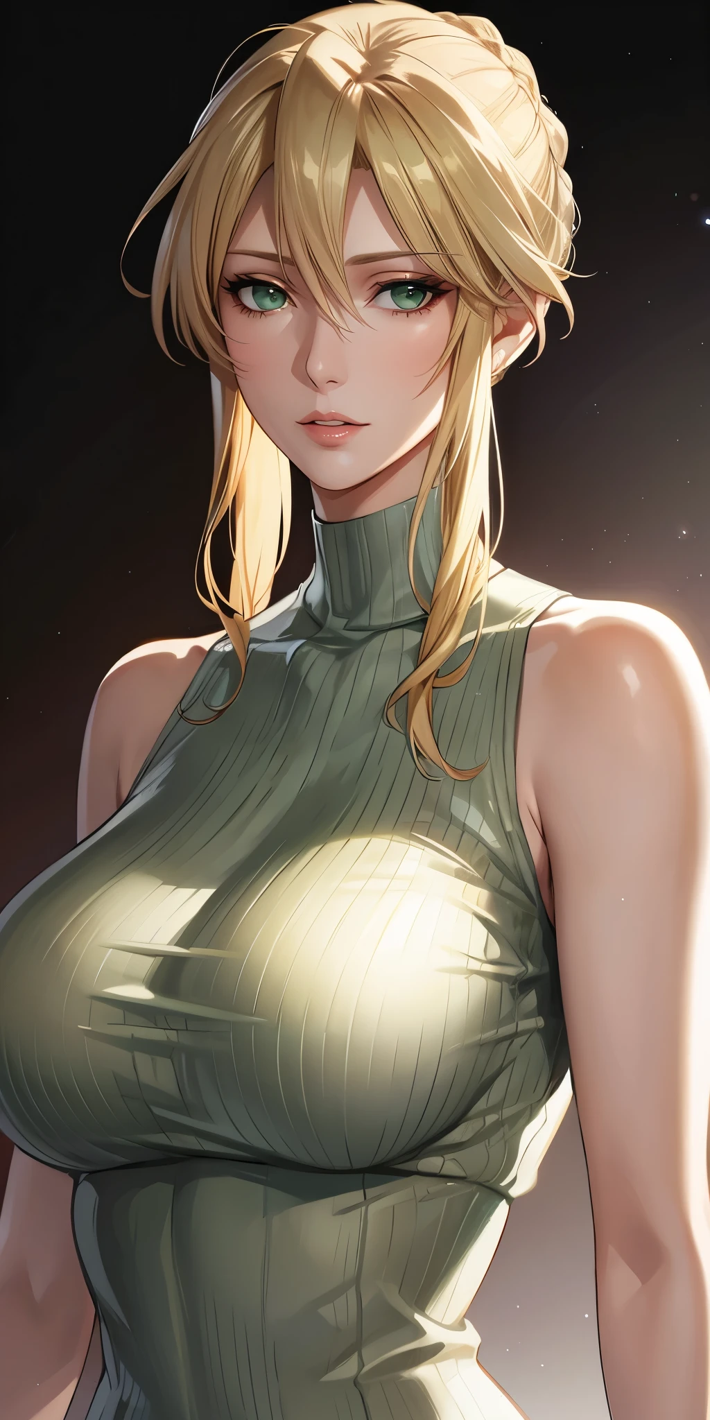 Elegant mature female, artoria pendragon, blonde, green eyes, sleeveless sweater, soft light, high quality, high detailed, 4k resolution, beautiful cg