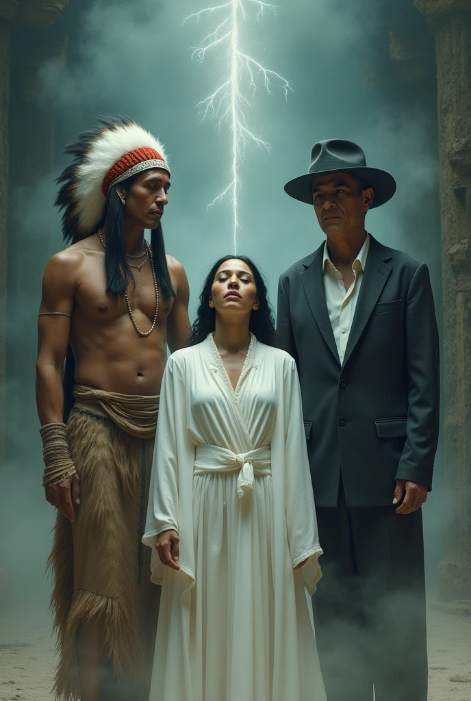 Make a woman wearing white, de olhos fechados. with an indigenous man and a man in a suit and hat behind her, passing on a protective air to her. The image needs to be mystical