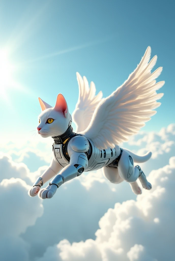 a white cat in robocop costume with white wings flying above the clouds |