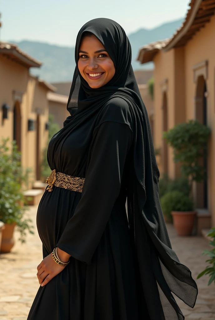 Arab women, beautiful smile, curvy hourglass body, wearing black abaya,in village